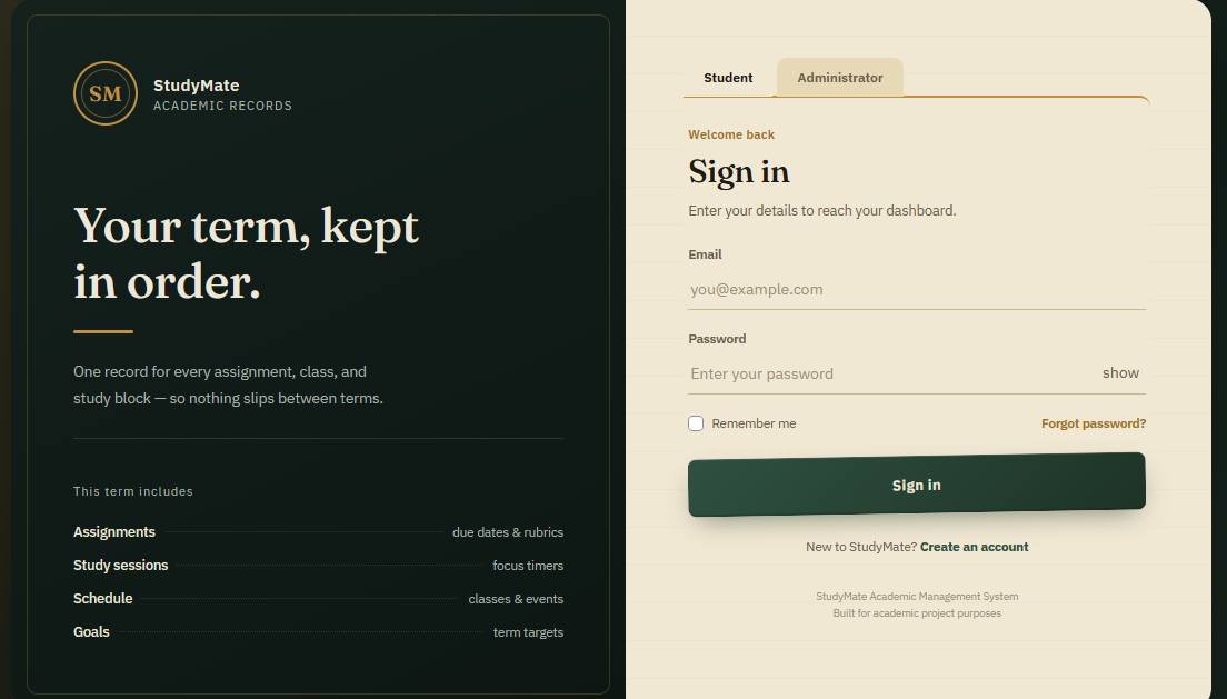 StudyMate login page